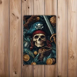 2D Flat, 1pc Frameless Art Tin Sign, 2D Pirate Skull and Golden Coin Metal Iron Plaque, Size 19.81x29.97cm, Vintage Iron Wall Decor Suitable for Home, Bedroom, Bar, Cafe, Office, Farmhouse, Nautical Theme Decoration 20.32x30.48cm Hanging Ornament, 2D Flat