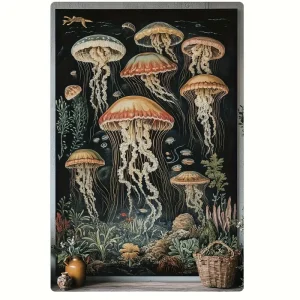 1pc Hand-Painted Rustic Metal Wall Art - Underwater Jellyfish & Coral Reef Scene, 20.32x30.48 cm Vintage Tin Painting for Living Room, Bedroom, Office Decor - No Electricity Needed, Easy Wall-Mounted Installation, Beachy Room Decor, Artistic Home Accent, Vintage Aesthetic, Intricate Detailing