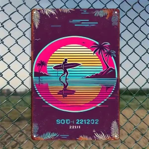 2D Flat, Vintage Tropical Sunset Surf Metal Wall Art – Retro 2D Skateboard & Palm Tree Design for Home, Gym, Cafe, Garage Decor – Indoor/Outdoor Use – 8"x12" (20.32x30.48cm), Beach Decor, Vibrant Color Print, 2D Flat