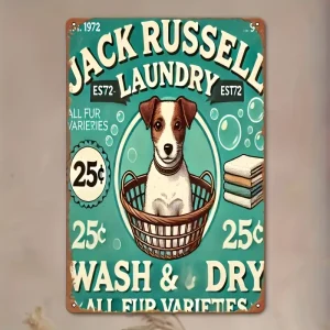 2D Flat, Jack Russell Terrier Vintage Metal Tin Wall Art - Rustic Laundry-Themed Retro Decor with Teal Background, 7.8"x11.8" (19.81x29.97cm) for Home, Office, Cafe & Entryway - Humorous Pet Lover Gift, Dog Decor, Artistic Metalwork, 2D Flat