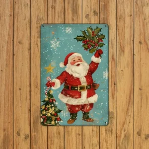 1pc Santa Claus Metal Tin Sign - Vintage-Style Christmas Wall Art with Santa Claus, Holly & Snowflakes, Durable Iron Indoor/Outdoor Decor for Home, Cafe, Bar, Garage (20.32x30.48 cm), Festive Cafe Decoration, Festive Design, Classic Rustic Style