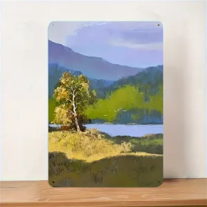 2D Flat - Vintage Tin Art Wall Decor - Serene Landscape with Majestic Mountains and Tranquil Lake, 20.32x30.48 cm, Rustic Iron 2D Art for Home, Cafe, Bar, or Garage, Indoor/Outdoor Use, No Frame Needed, Landscape Deco