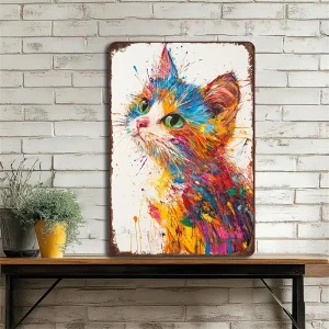 vintage metal tin painting, colorful paint, cute cat, suitable for bedrooms, cafes, bars, bathrooms, etc., adding unique decoration, easy to hang 20.32X30.48 cm 20X30 centimeters