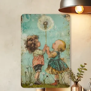 1pc of the vintage metal tin sign of dandelion, with dimensions of 20.32 x 30.48cm. It is a wall-mounted artistic decoration suitable for indoor/ outdoor use. It is applicable for decoration in homes, bedrooms, dining rooms, bars, cafes, schools